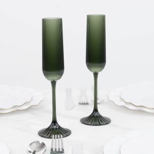 12 Pack Vintage Ribbed Champagne Flutes 4oz Hunter Emerald Green – Disposable Plastic Toasting Glasses